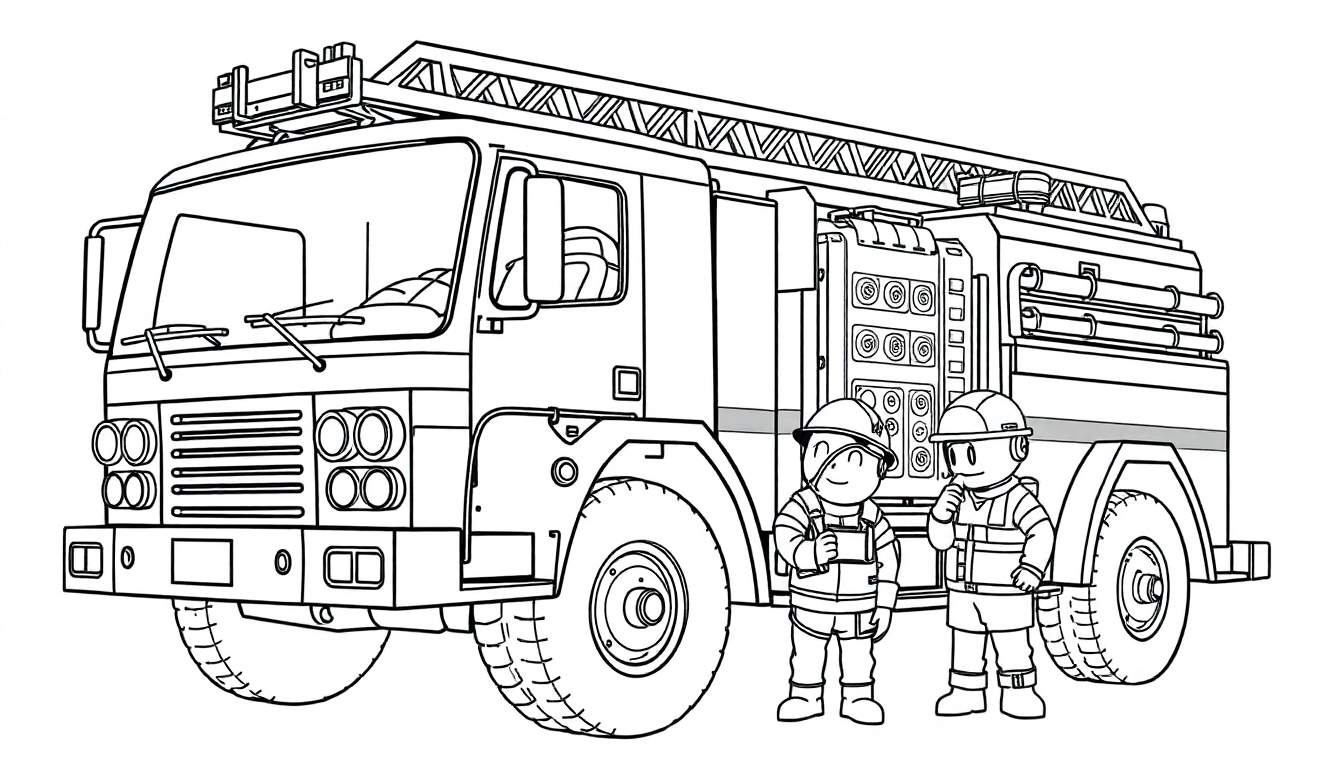 Um desenho de linha em preto e branco de um carro de bombeiros com uma escada e dois bombeiros.