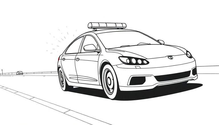 Desenho linear de um carro de polícia moderno com barra de luz no tejadilho, sobre um fundo branco com uma sombra escura.