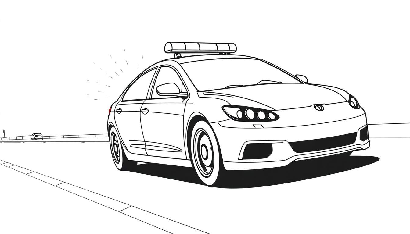 Desenho linear de um carro de polícia moderno com barra de luz no tejadilho, sobre um fundo branco com uma sombra escura.