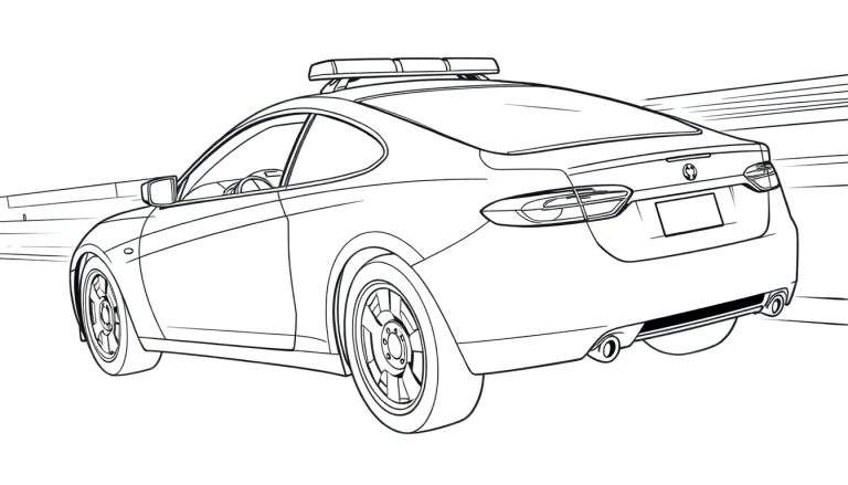Um carro de polícia esportivo em preto e branco, pronto para ser pintado, com linhas de velocidade.