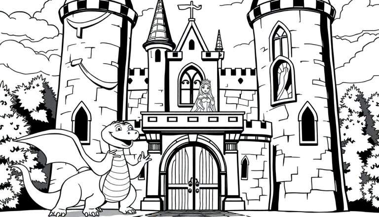 Um castelo de conto de fadas com um dragão amigável, uma princesa na varanda e arbustos com rostos, estilo livro de colorir, color panel.