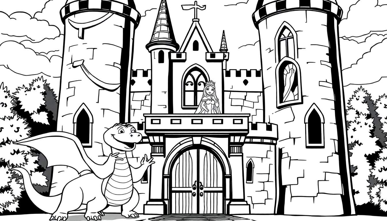 Um castelo de conto de fadas com um dragão amigável, uma princesa na varanda e arbustos com rostos, estilo livro de colorir, color panel.