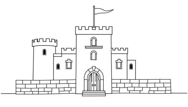 Desenho linear de um castelo com uma torre central alta, ameias e um portão arqueado, pronto para ser colorido.