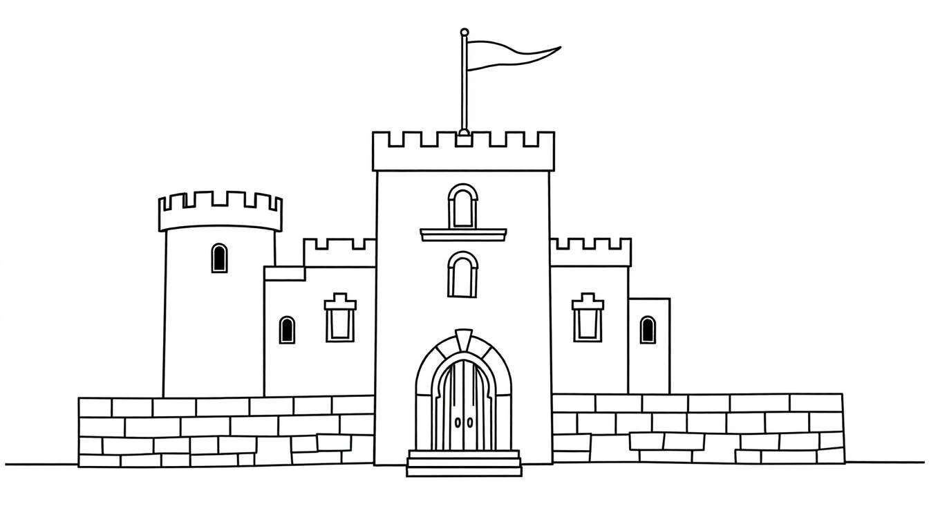Desenho linear de um castelo com uma torre central alta, ameias e um portão arqueado, pronto para ser colorido.