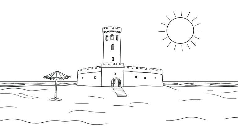 Um desenho colorido de um castelo de praia com sol e guarda-sol.