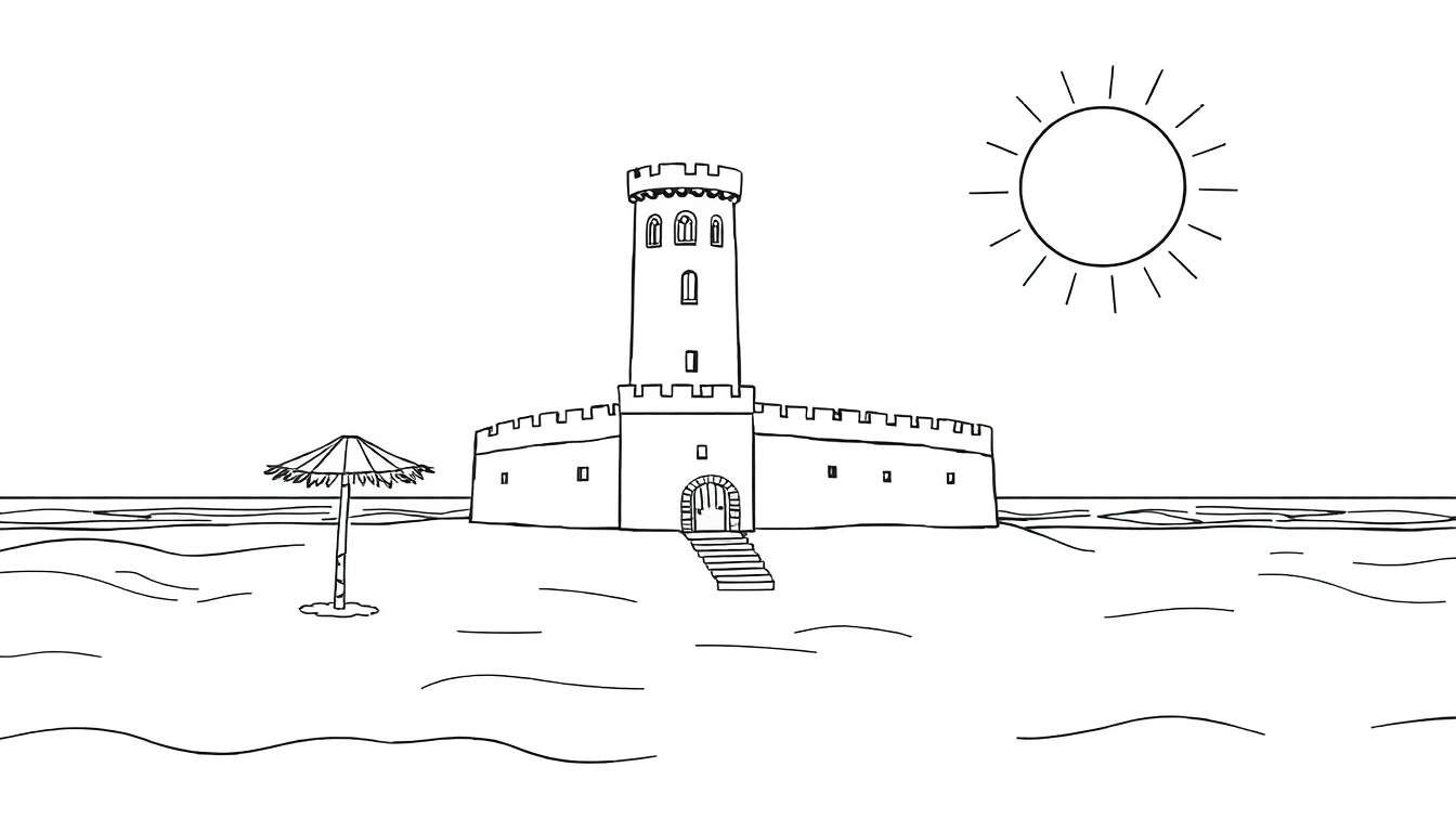 Um desenho colorido de um castelo de praia com sol e guarda-sol.
