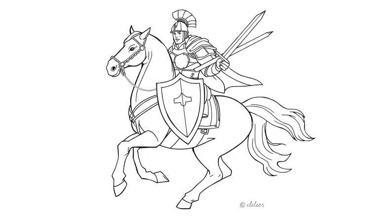 Um desenho em preto e branco de um cavaleiro em armadura completa montado em um cavalo em movimento, segurando duas espadas e um escudo com uma cruz. Assinatura '@clcleos' no canto inferior direito.