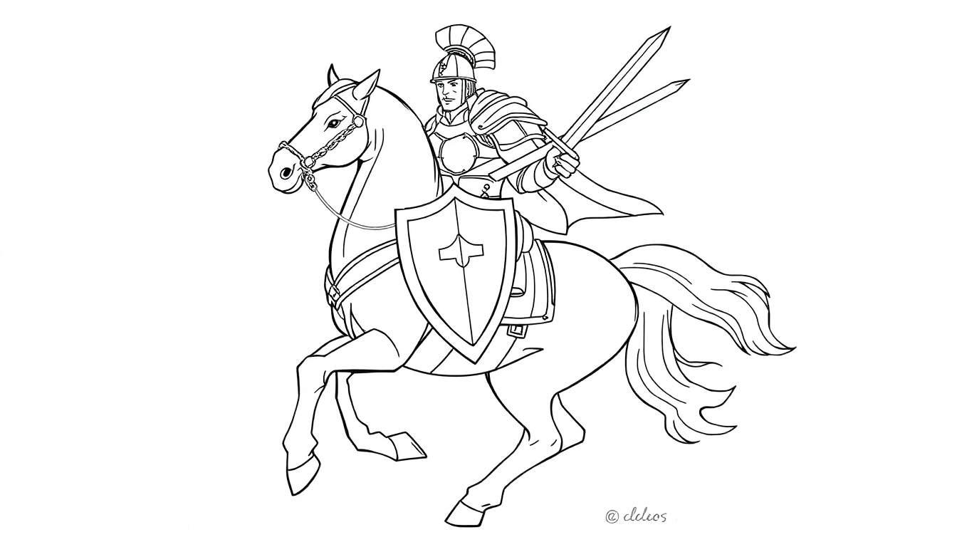 Um desenho em preto e branco de um cavaleiro em armadura completa montado em um cavalo em movimento, segurando duas espadas e um escudo com uma cruz. Assinatura '@clcleos' no canto inferior direito.