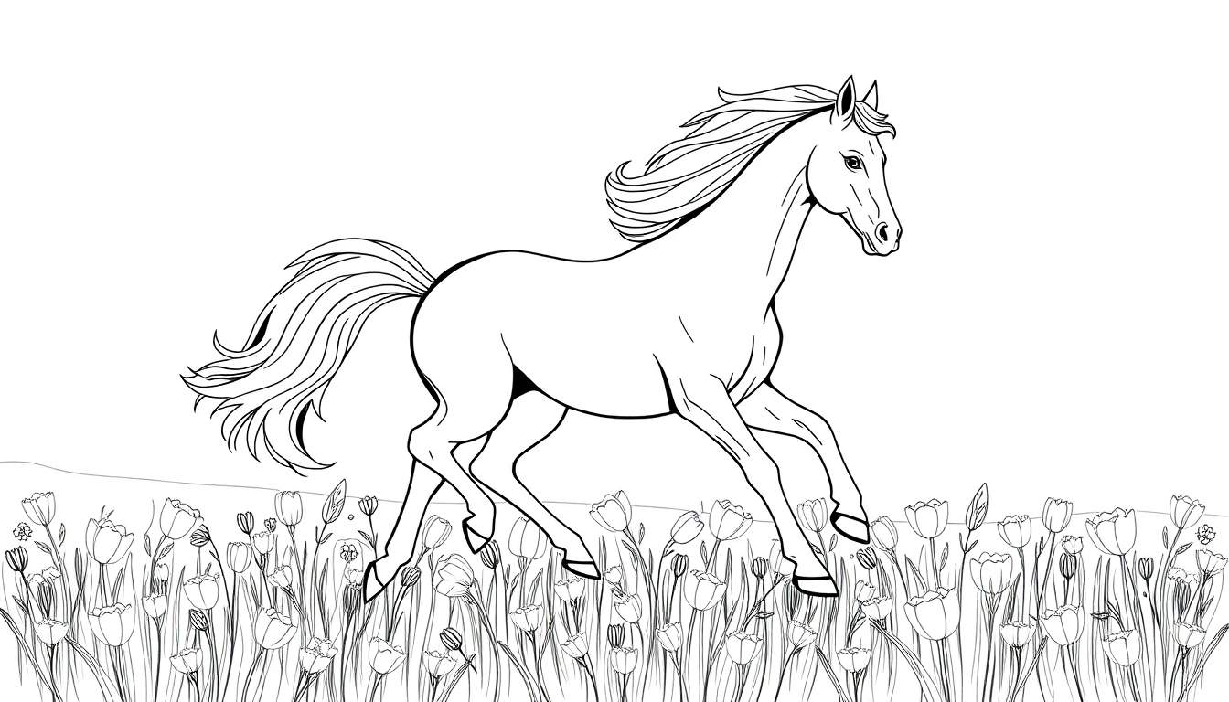 Um cavalo branco com crina e cauda pretas galopando por um campo de tulipas brancas e pretas, com um fundo branco. Um color panel de cores vibrantes.
