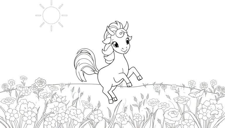 Um pequeno cavalo de desenho animado a saltar num campo de flores com um sol sorridente acima. Contornos simples para um color panel.
