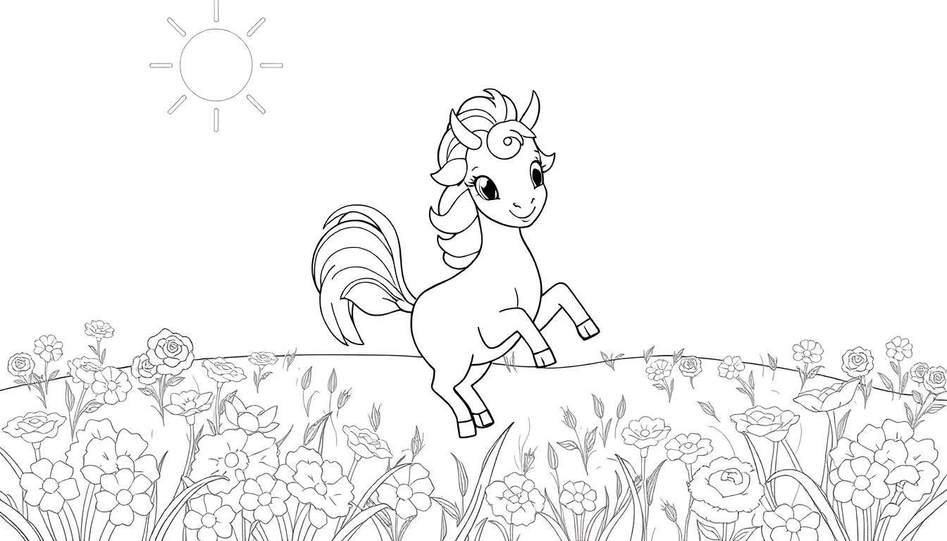 Um pequeno cavalo de desenho animado a saltar num campo de flores com um sol sorridente acima. Contornos simples para um color panel.