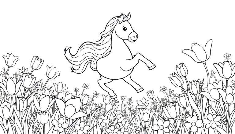 Um cavalo em preto e branco salta sobre flores num campo, pronto para colorir no color panel.