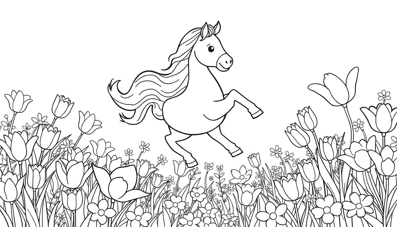 Um cavalo em preto e branco salta sobre flores num campo, pronto para colorir no color panel.