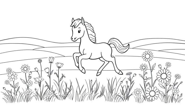 Um desenho de um cavalo em um campo de flores, estilo livro de colorir.