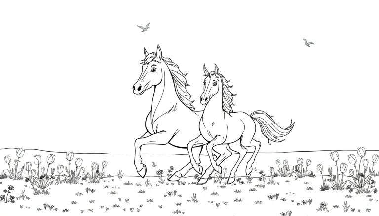 Dois cavalos galopando em um campo de flores, com duas aves no céu. O desenho é em preto e branco e inclui tulipas e outras flores pequenas.