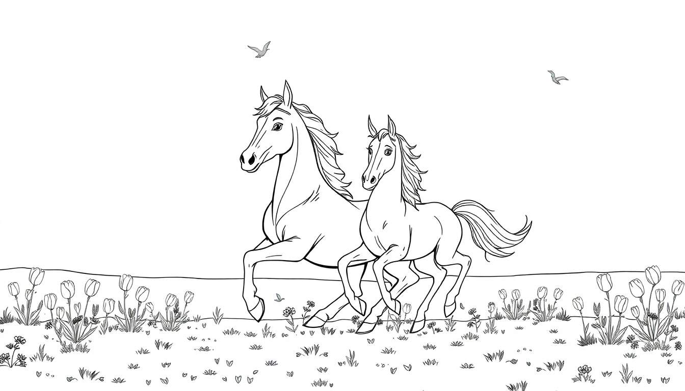 Dois cavalos galopando em um campo de flores, com duas aves no céu. O desenho é em preto e branco e inclui tulipas e outras flores pequenas.