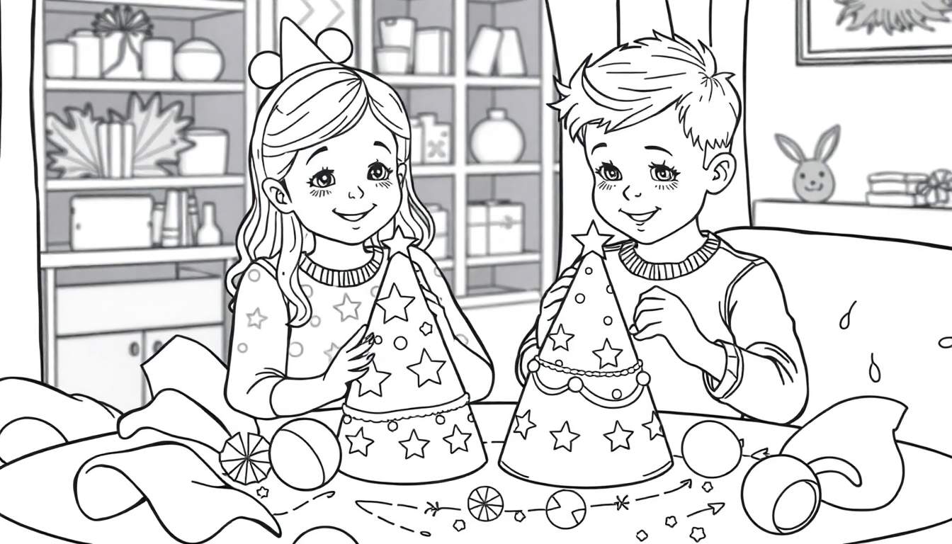 Uma menina e um menino com chapéus de festa segurando cones decorados em preto e branco, com decorações espalhadas pela mesa.