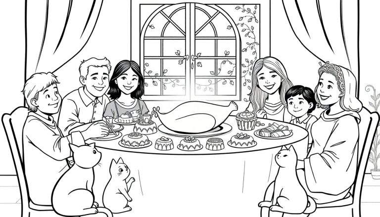 Um desenho a preto e branco de uma família reunida à volta de uma mesa cheia de comida, com três gatos a observar.