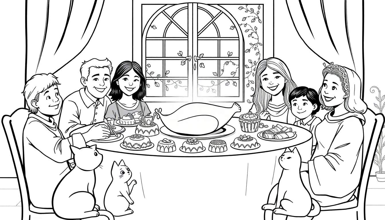Um desenho a preto e branco de uma família reunida à volta de uma mesa cheia de comida, com três gatos a observar.