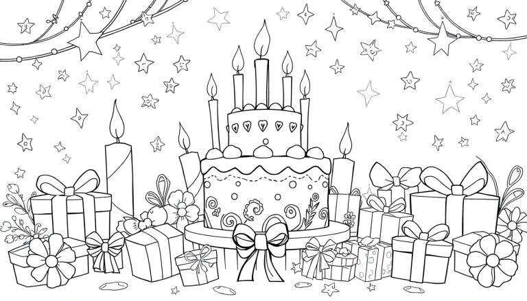 Um desenho a traço de um bolo de aniversário com duas camadas e velas acesas, rodeado por presentes e flores. O fundo tem guirlandas de estrelas e bolinhas. Inclui elementos de um color panel.