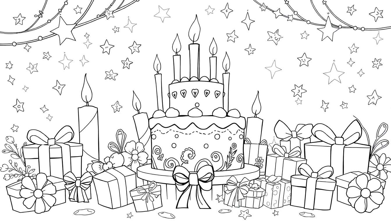 Um desenho a traço de um bolo de aniversário com duas camadas e velas acesas, rodeado por presentes e flores. O fundo tem guirlandas de estrelas e bolinhas. Inclui elementos de um color panel.