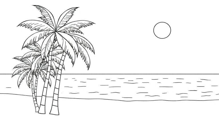 Um desenho em preto e branco de três coqueiros em uma praia, com o sol ou a lua e o oceano ao fundo, pronto para ser colorido como um color panel.