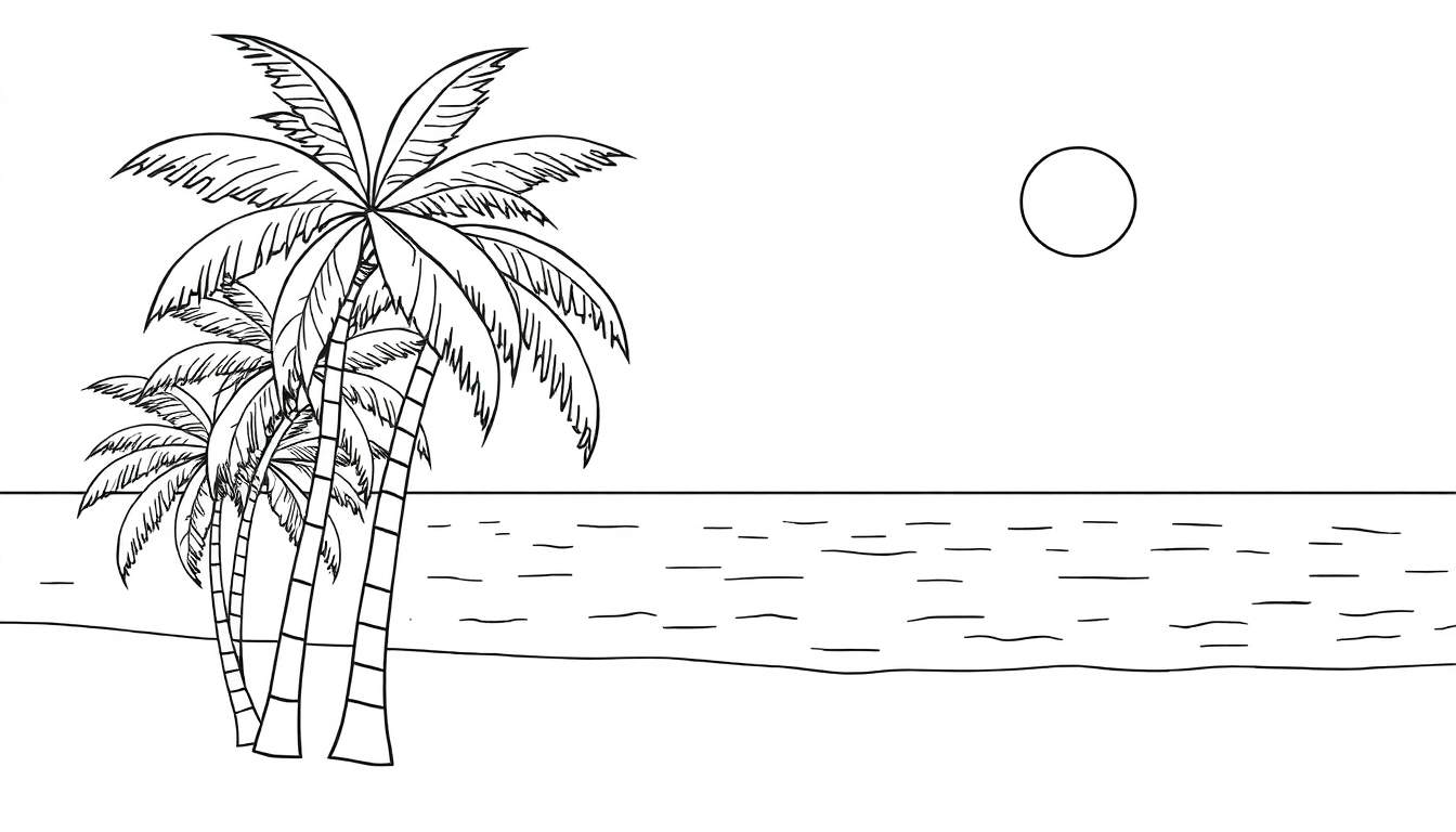Um desenho em preto e branco de três coqueiros em uma praia, com o sol ou a lua e o oceano ao fundo, pronto para ser colorido como um color panel.