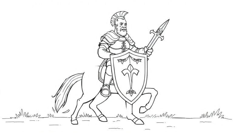 Página para colorir de um centauro cavaleiro com armadura e espada.