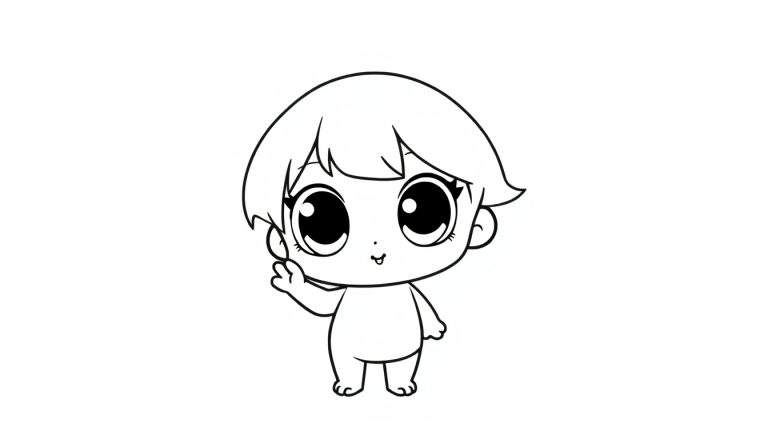 Desenho em estilo chibi de uma criança acenando, pronta para ser colorida.
