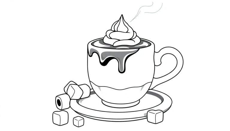 Desenho a preto e branco de uma caneca de chocolate quente fumegante, com chantili e marshmallows, num color panel.