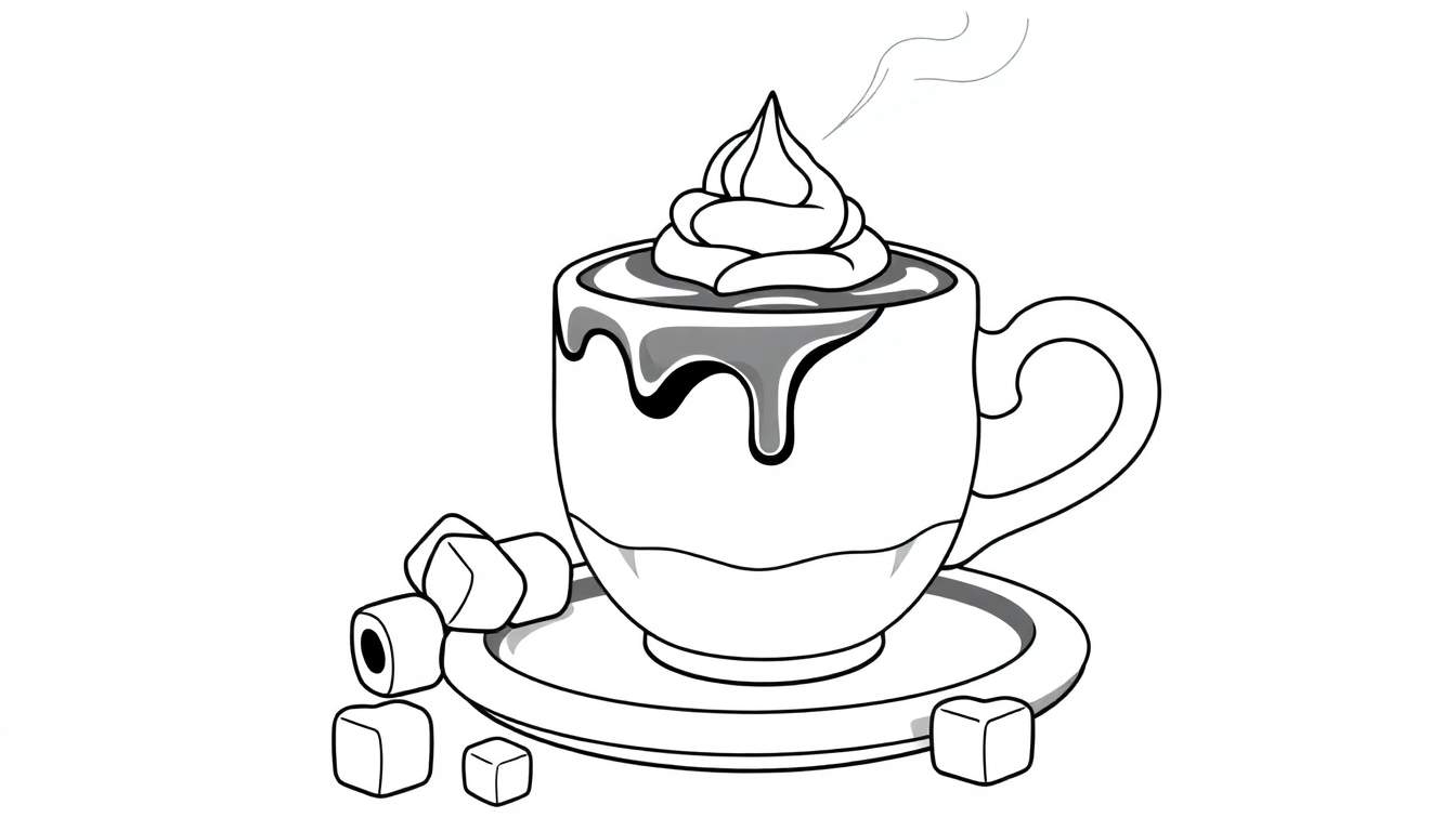 Desenho a preto e branco de uma caneca de chocolate quente fumegante, com chantili e marshmallows, num color panel.