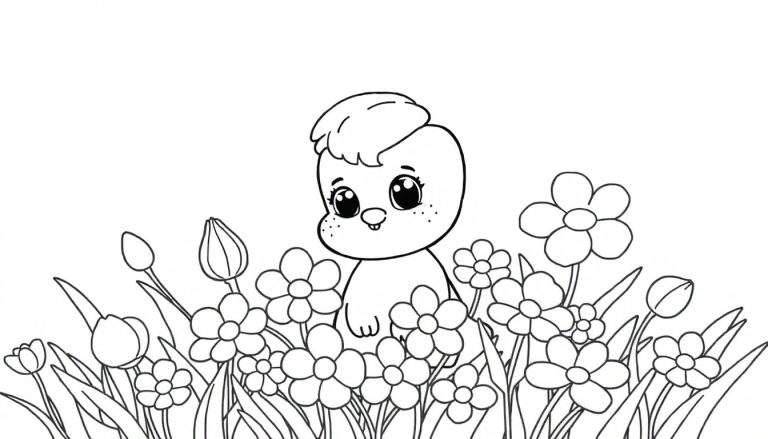 Um bichinho fofo em forma de coelho com um topete, pronto para ser colorido em um campo de flores, com linhas simples e claras. Um color panel para a diversão das crianças.
