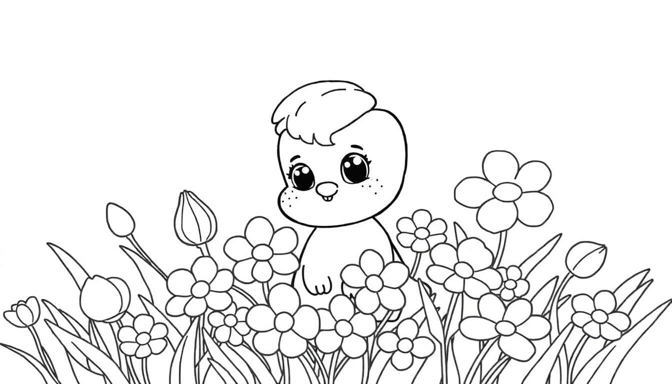 Um bichinho fofo em forma de coelho com um topete, pronto para ser colorido em um campo de flores, com linhas simples e claras. Um color panel para a diversão das crianças.