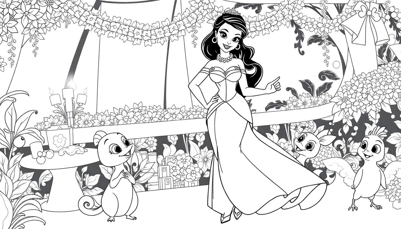 Página para colorir com a Princesa Tiana sorrindo em um vestido de gala, rodeada por flores e amigos animais em uma varanda, um color panel divertido para crianças.