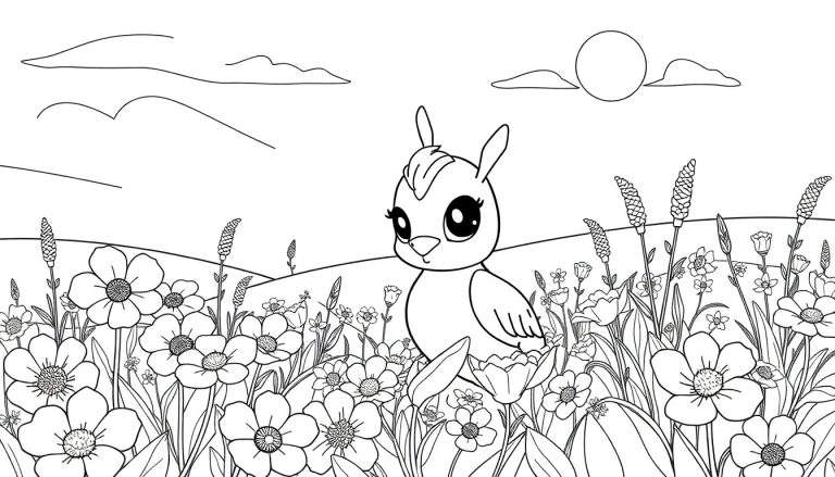 Uma criatura fofa parecida com um pássaro em um campo de flores, estilo livro de colorir.