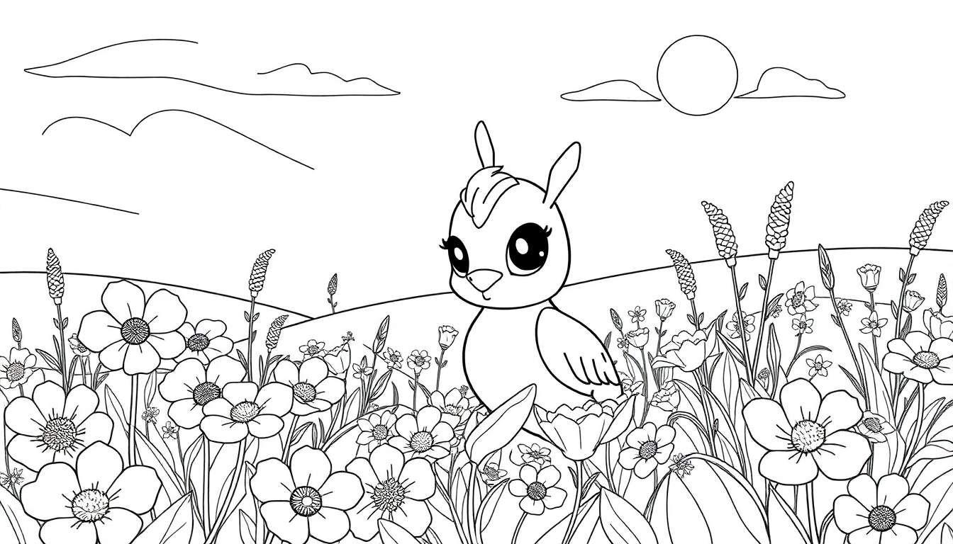 Uma criatura fofa parecida com um pássaro em um campo de flores, estilo livro de colorir.