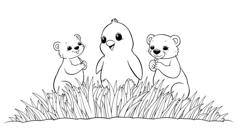 Um grupo de três adoráveis criaturas com contornos pretos sobre um fundo branco, esperando para serem coloridas em um color panel.