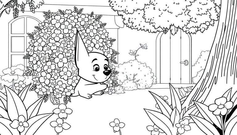 Um cãozinho de desenho animado em um color panel de jardim, pronto para colorir.
