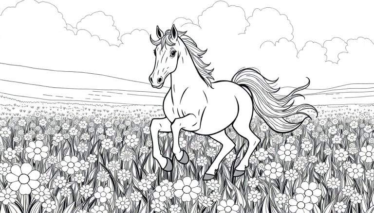 Ilustração em preto e branco de um cavalo galopando em um campo de flores, pronto para colorir.