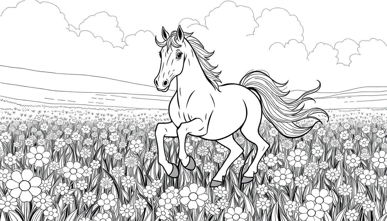 Ilustração em preto e branco de um cavalo galopando em um campo de flores, pronto para colorir.