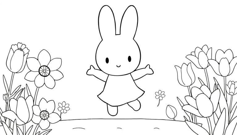 Desenho a preto e branco para colorir de um coelho fofo com orelhas compridas, de pé numa colina com os braços abertos, rodeado por tulipas e narcisos.