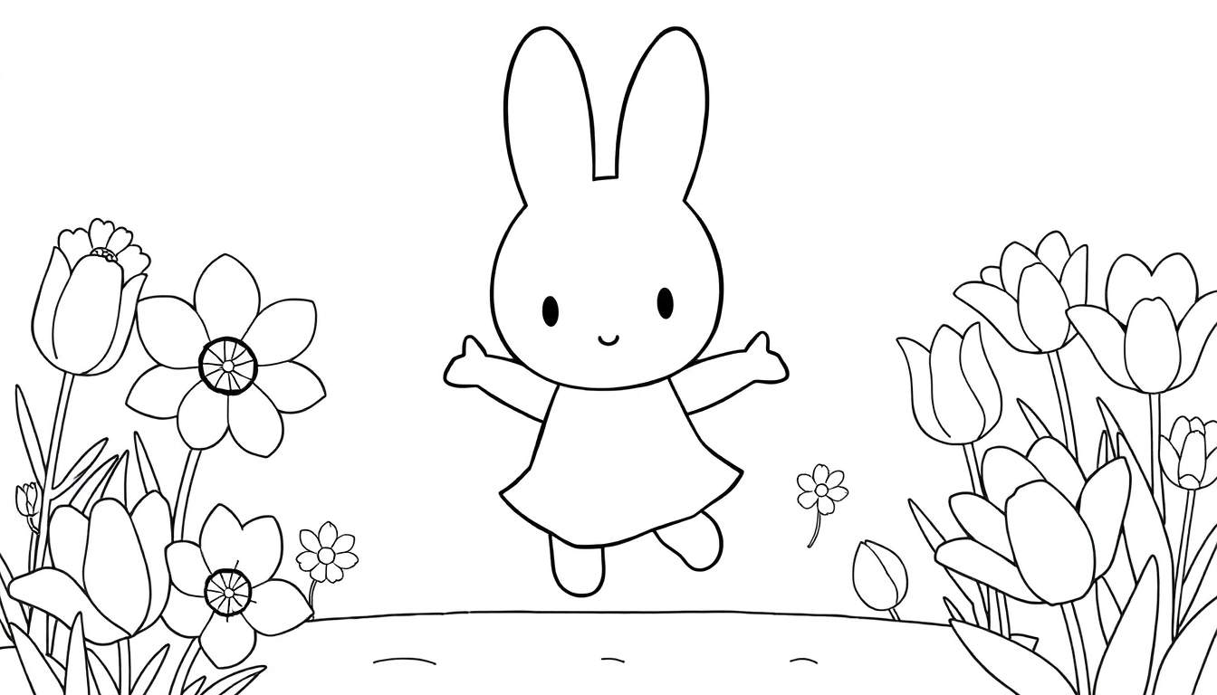Desenho a preto e branco para colorir de um coelho fofo com orelhas compridas, de pé numa colina com os braços abertos, rodeado por tulipas e narcisos.