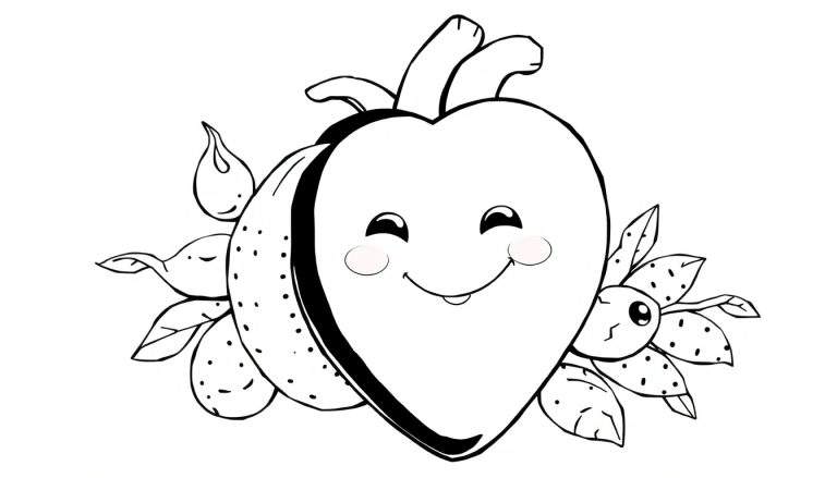 Um color panel com um desenho de linha de uma fruta de coração sorridente com bochechas rosadas e balões, rodeado por outras frutas e folhas.