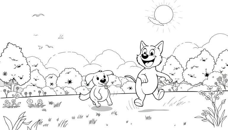 Ilustração em preto e branco de um cão e um gato a brincar alegremente num campo relvado sob um sol radiante, com árvores e pássaros ao fundo. Este color panel é perfeito para colorir.