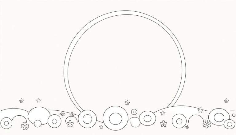 Um color panel com um grande círculo central e uma linha ondulada decorada com círculos e estrelas, pronto para ser colorido.