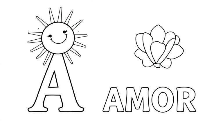 Um color panel com a letra 'A' com um sol sorridente, a palavra 'AMOR' e uma flor estilizada.