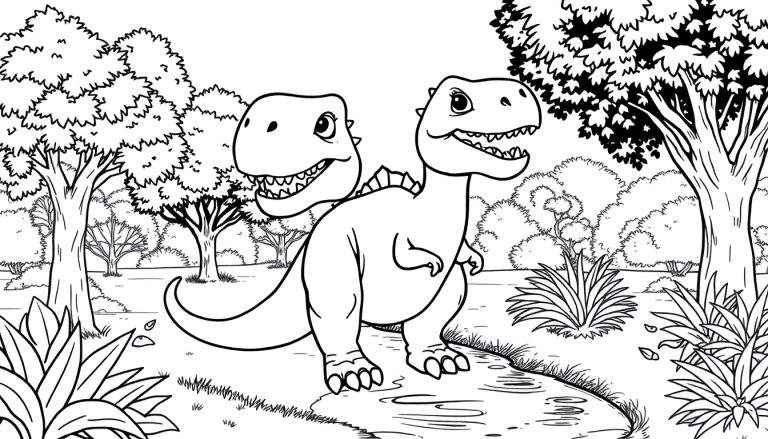 Um divertido color panel de dois T-Rex amigáveis com duas cabeças perto de um rio.