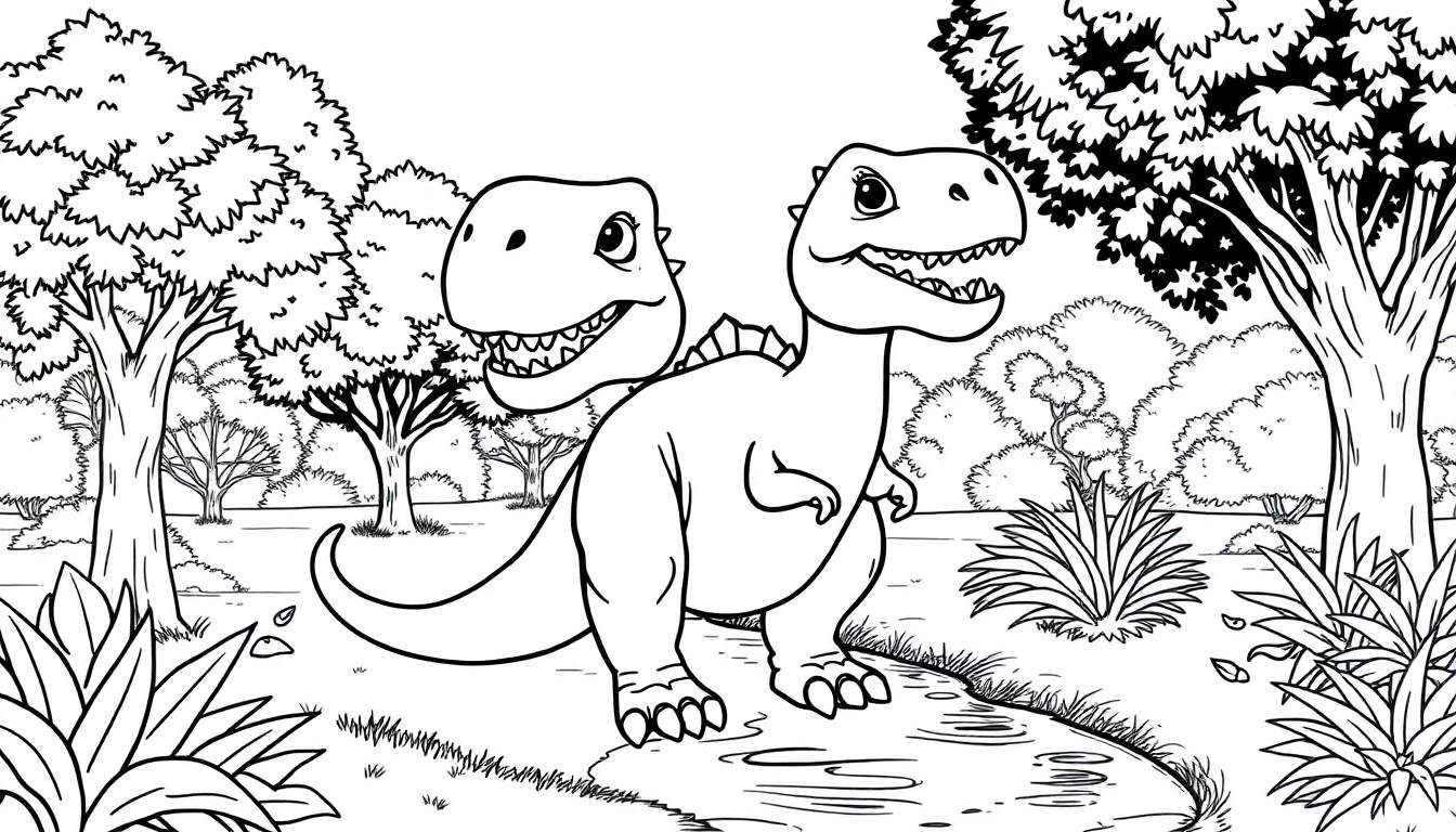 Um divertido color panel de dois T-Rex amigáveis com duas cabeças perto de um rio.