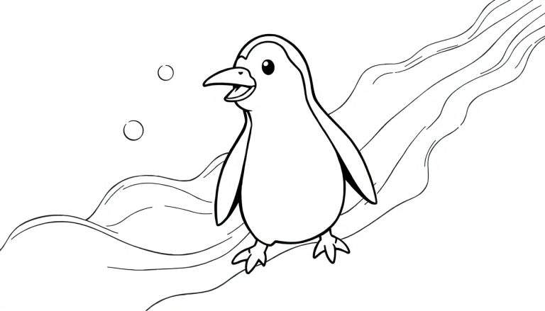 Um desenho de pinguim preto e branco para colorir, com bolhas flutuantes. Este color panel é perfeito para crianças.