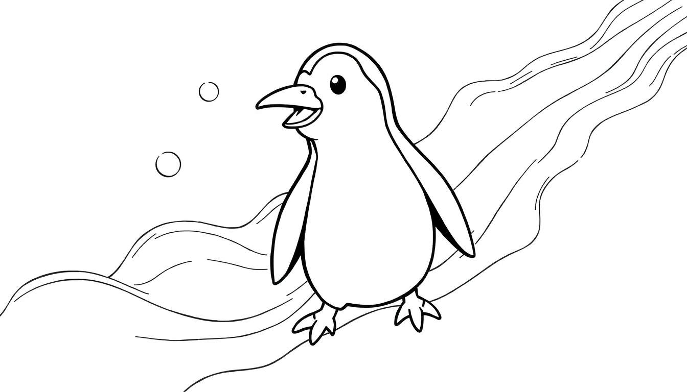 Um desenho de pinguim preto e branco para colorir, com bolhas flutuantes. Este color panel é perfeito para crianças.